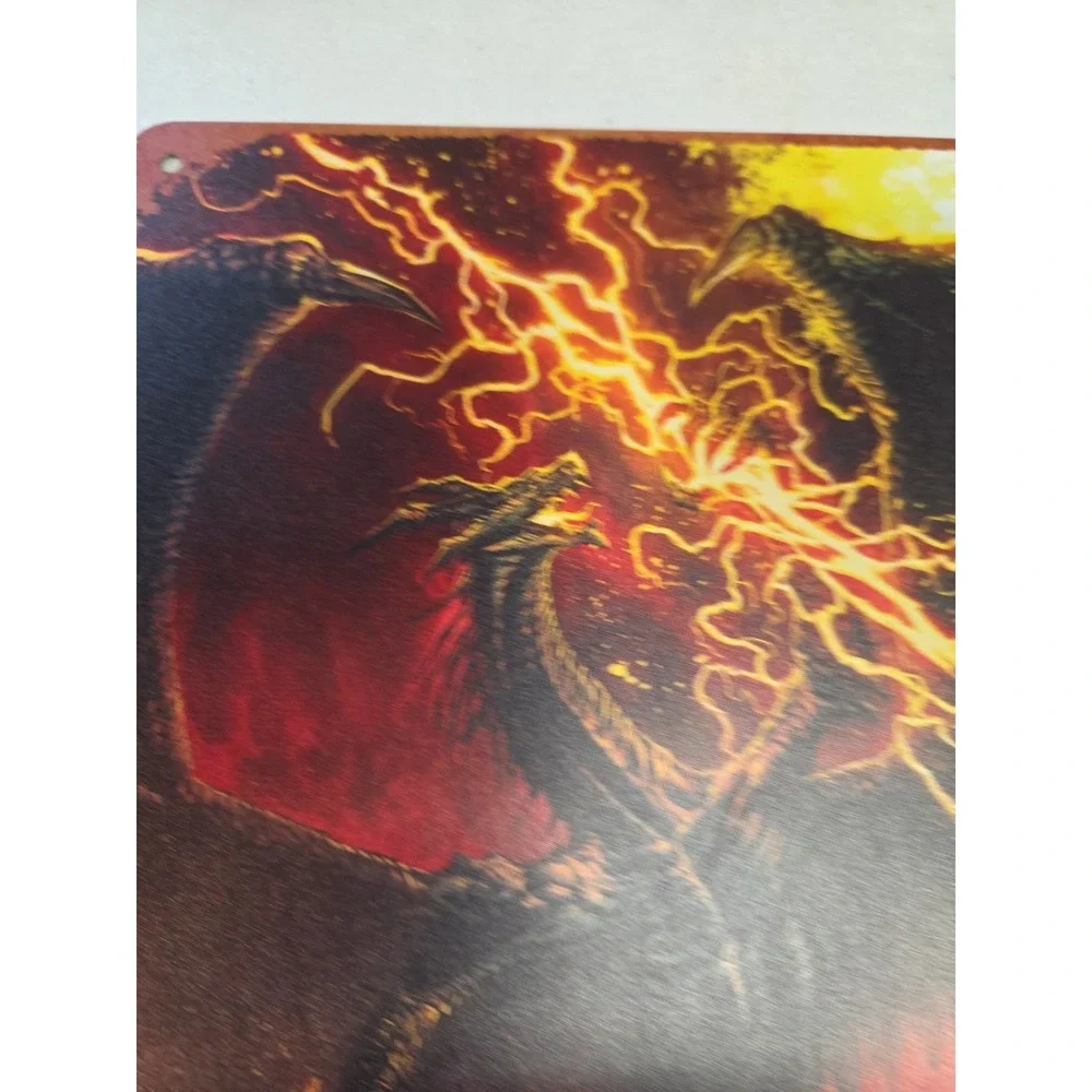 Fantasy Dragon vs‎ Wizard Metal Sign Wall Art Plaque Fire Lightning Gothic Decor